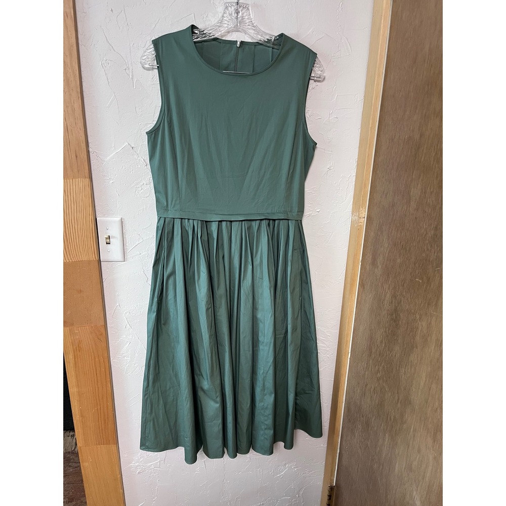 S Max Mara‎ Sleeveless Midi Dress Sage Green Pleated Skirt Pockets
